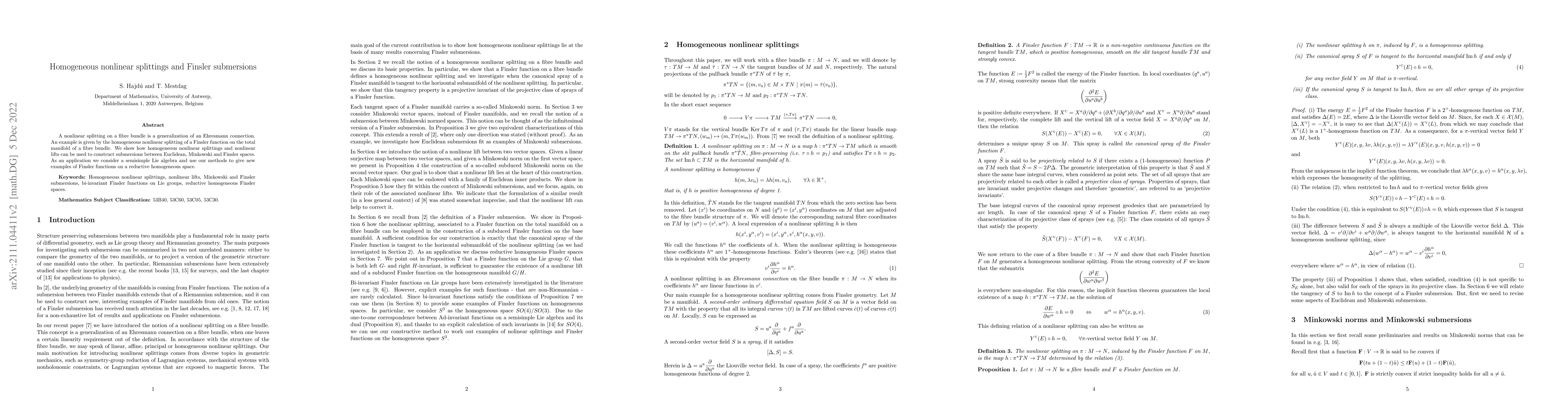 Thumbnail for Homogeneous nonlinear splittings and Finsler submersions