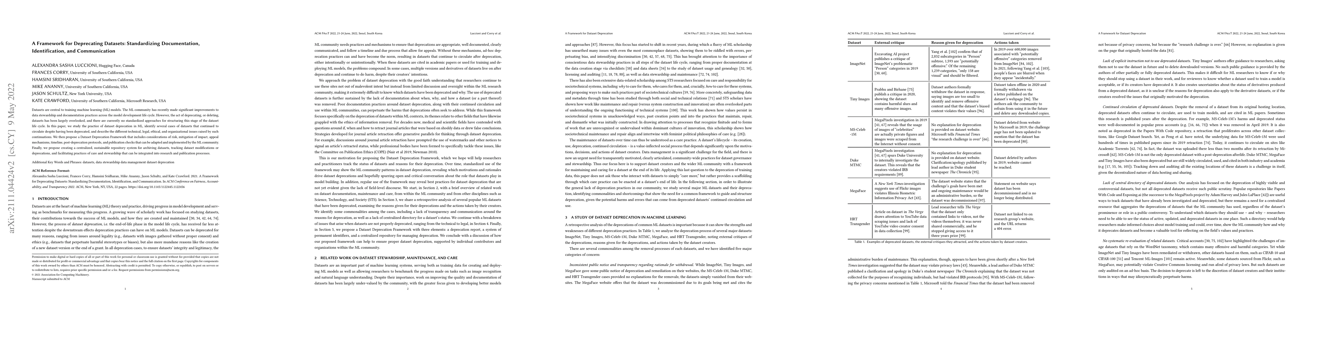 Thumbnail for A Framework for Deprecating Datasets: Standardizing Documentation,
  Identification, and Communication