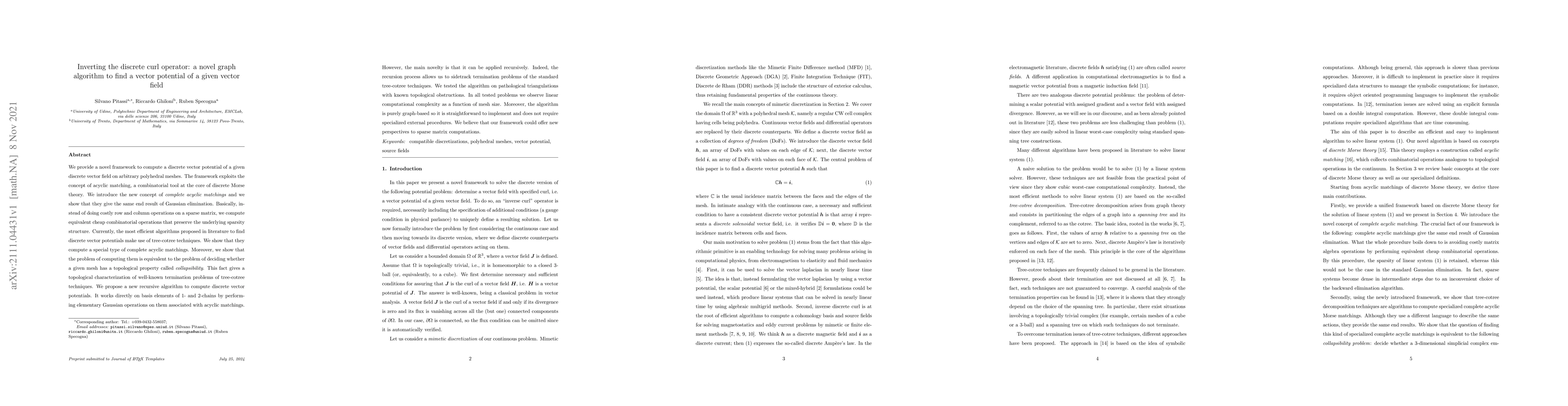 Thumbnail for Inverting the discrete curl operator: a novel graph algorithm to find a
  vector potential of a given vector field