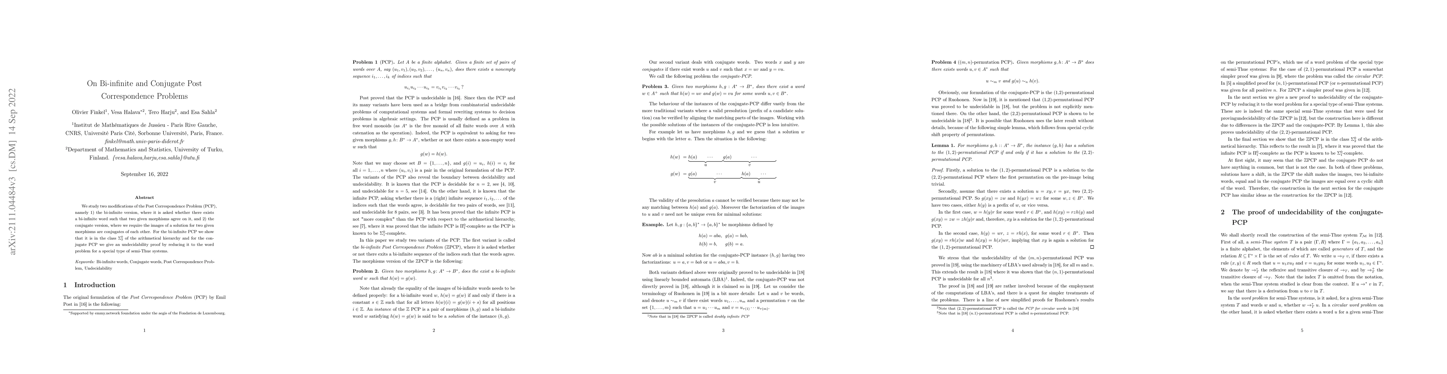 Thumbnail for On Bi-infinite and Conjugate Post Correspondence Problems