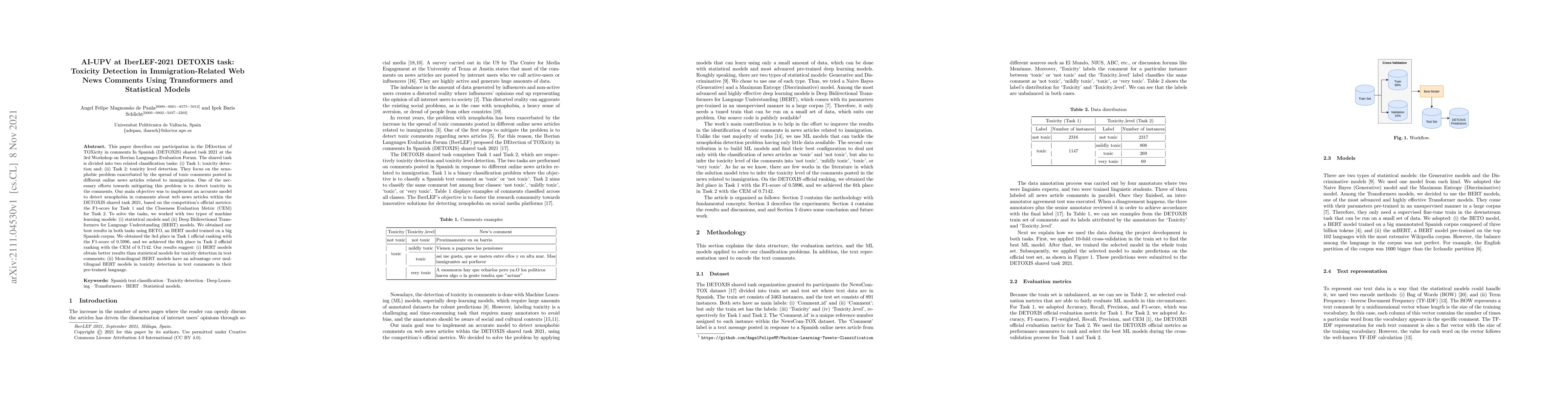 Thumbnail for AI-UPV at IberLEF-2021 DETOXIS task: Toxicity Detection in
  Immigration-Related Web News Comments Using Transformers and Statistical
  Models