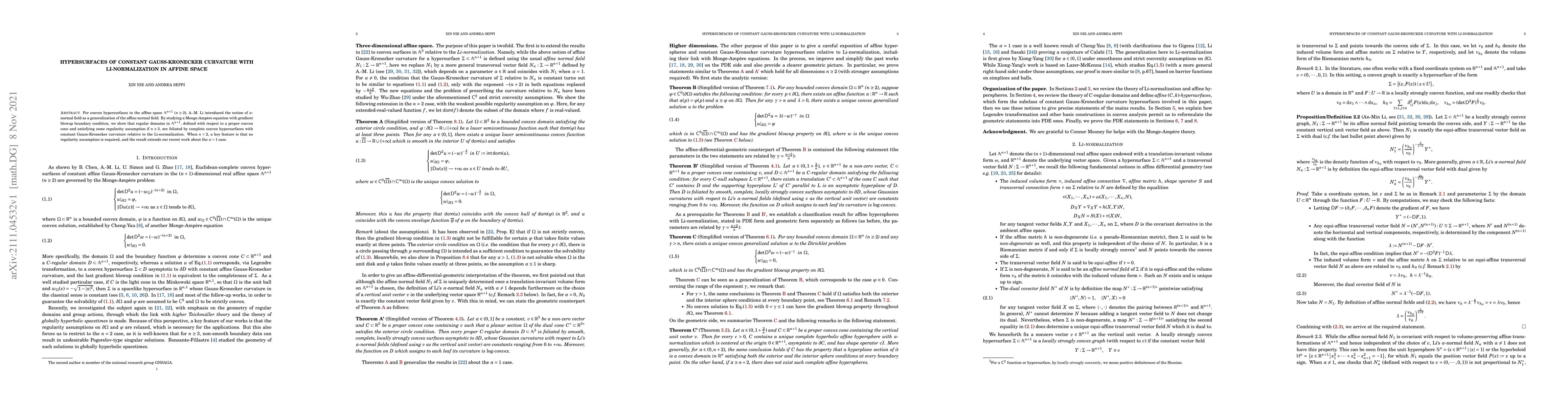 Thumbnail for Hypersurfaces of constant Gauss-Kronecker curvature with
  Li-normalization in affine space