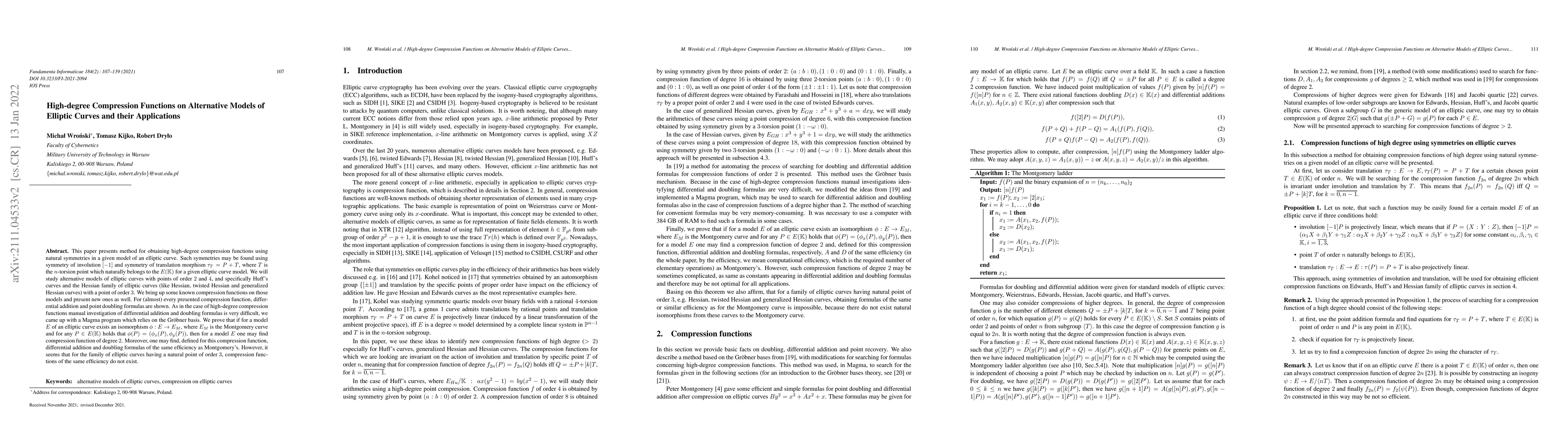 Thumbnail for High-degree compression functions on alternative models of elliptic
  curves and their applications