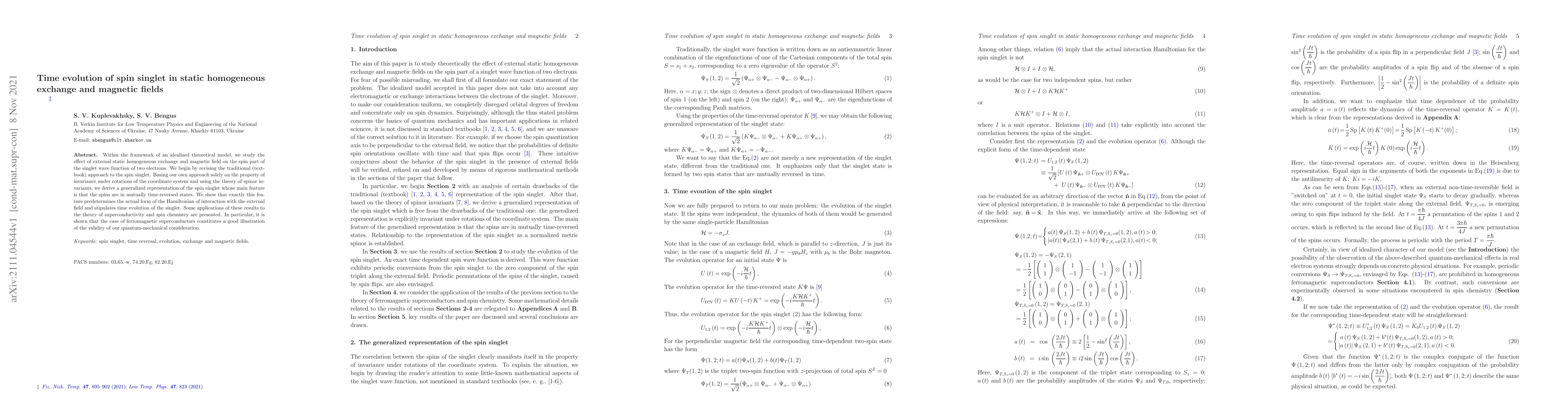 Thumbnail for Time evolution of spin singlet in static homogeneous exchange and
  magnetic fields
