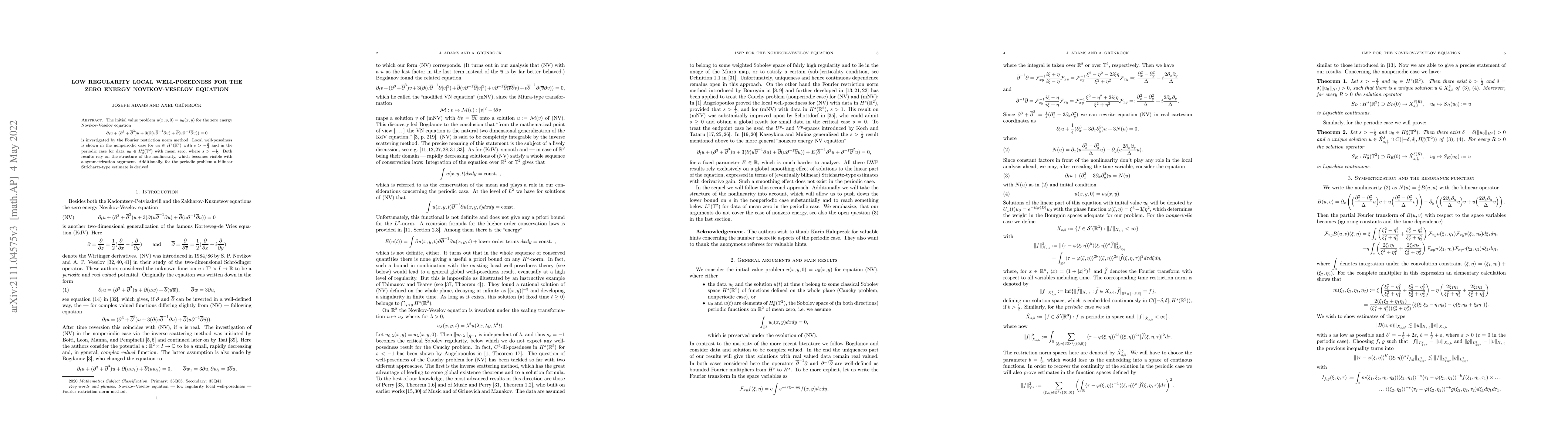 Thumbnail for Low regularity local well-posedness for the zero energy Novikov-Veselov
  equation