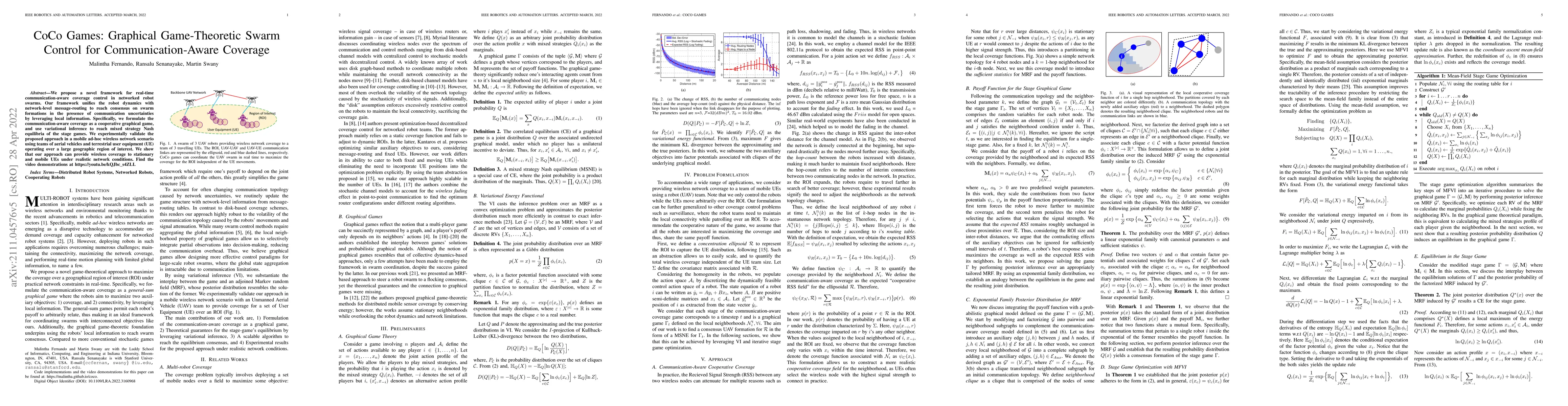 Thumbnail for CoCo Games: Graphical Game-Theoretic Swarm Control for
  Communication-Aware Coverage