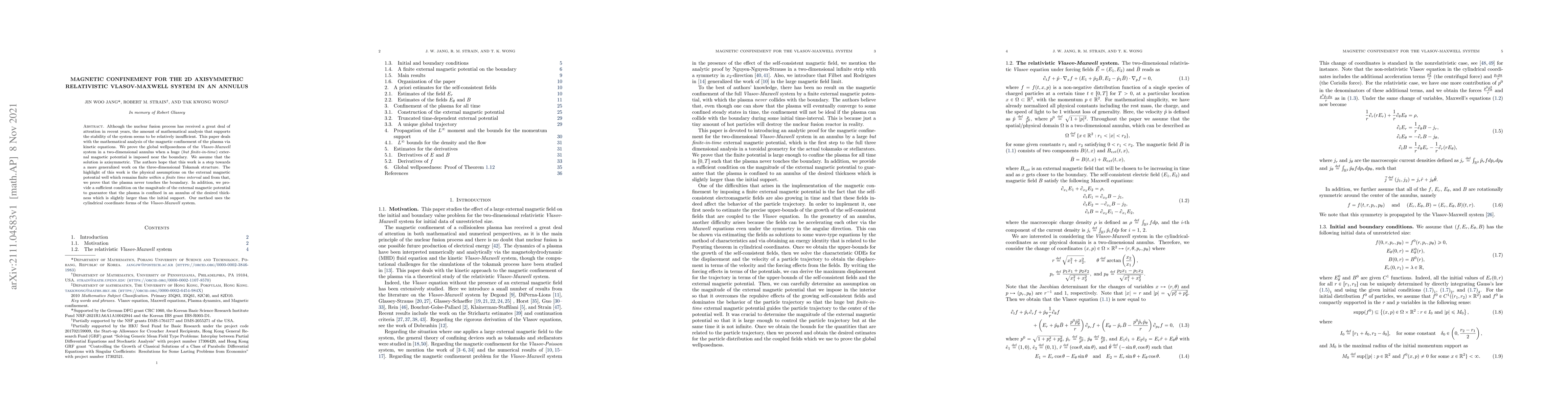 Thumbnail for Magnetic confinement for the 2D axisymmetric relativistic Vlasov-Maxwell
  system in an annulus