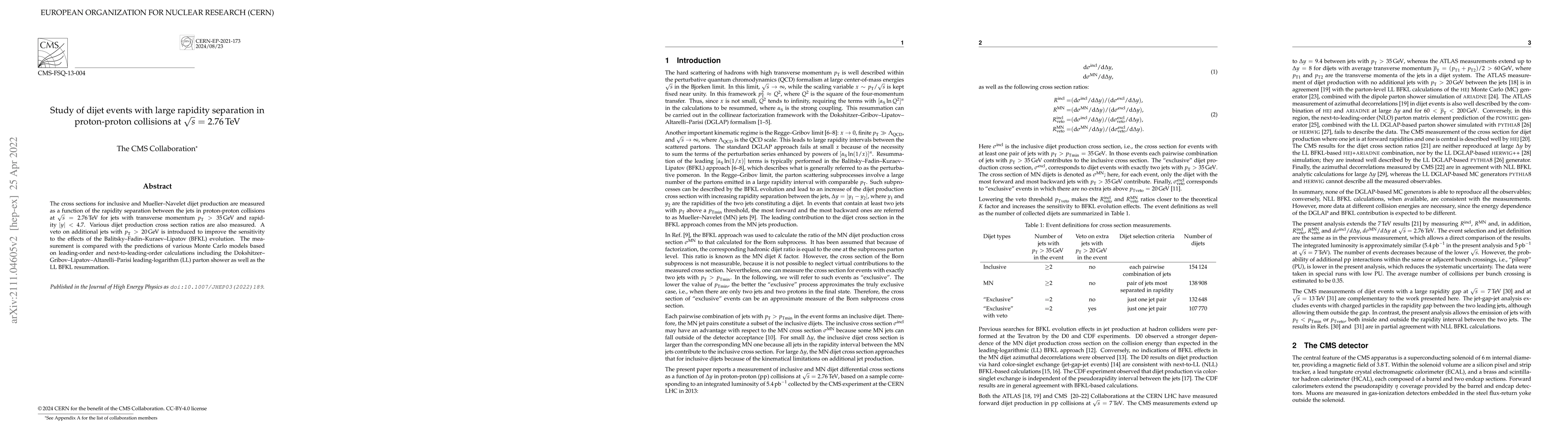 Thumbnail for Study of dijet events with large rapidity separation in proton-proton
  collisions at $\sqrt{s} =$ 2.76 TeV