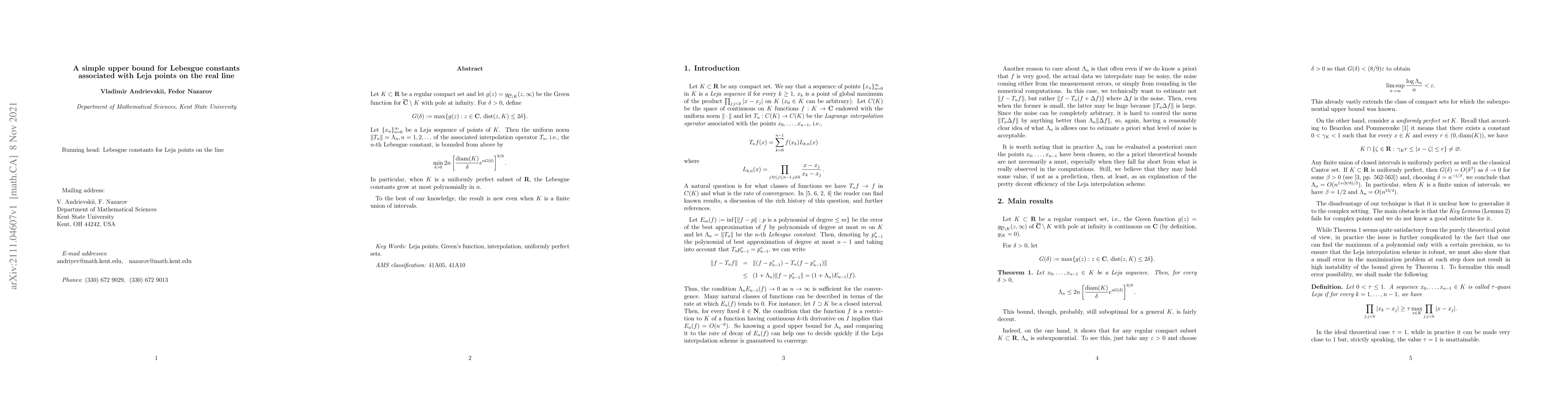 Thumbnail for A simple upper bound for Lebesgue constants associated with Leja points
  on the real line