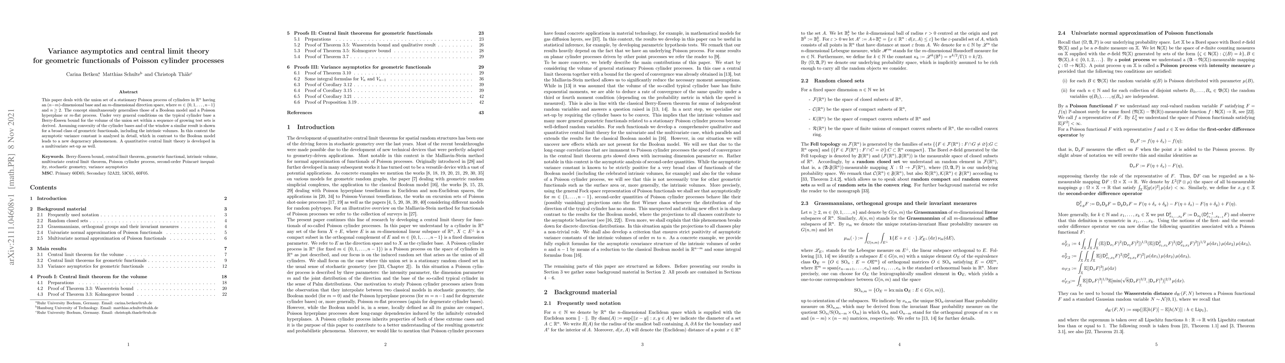 Thumbnail for Variance asymptotics and central limit theory for geometric functionals
  of Poisson cylinder processes
