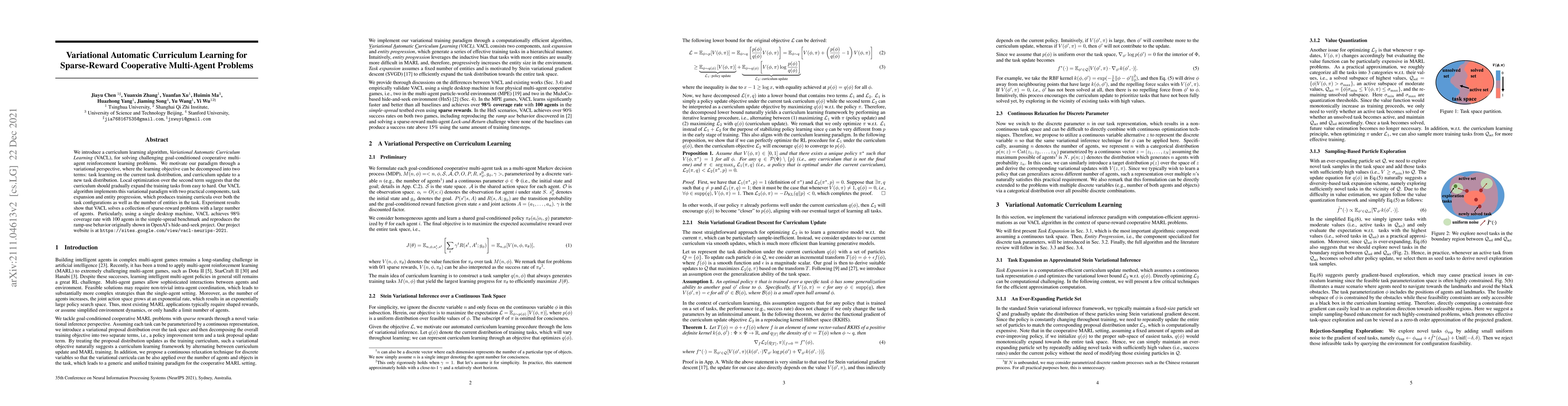 Thumbnail for Variational Automatic Curriculum Learning for Sparse-Reward Cooperative
  Multi-Agent Problems