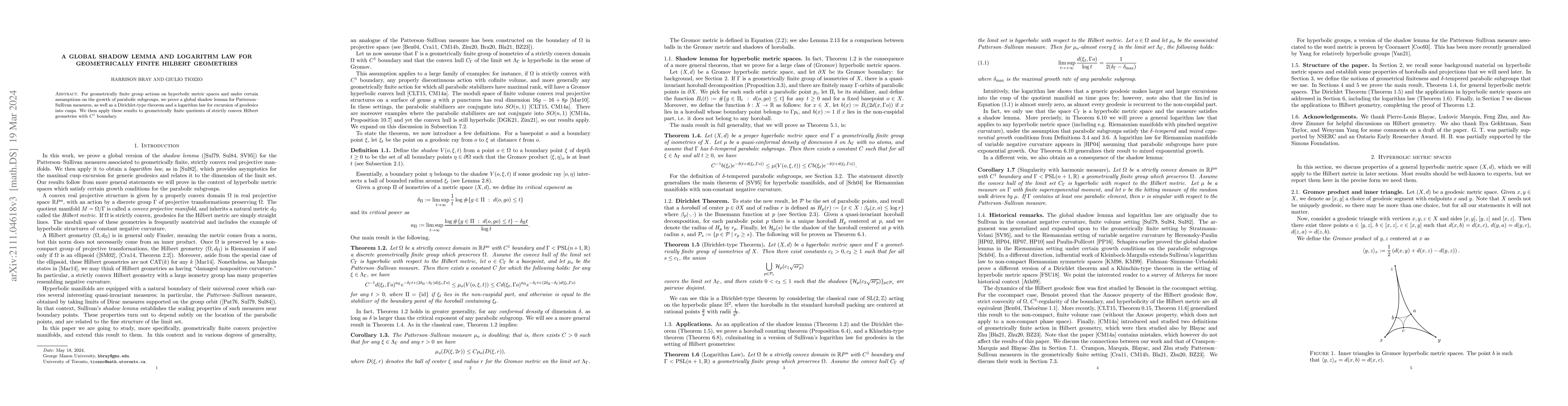 Thumbnail for A global shadow lemma and logarithm law for geometrically finite Hilbert
  geometries