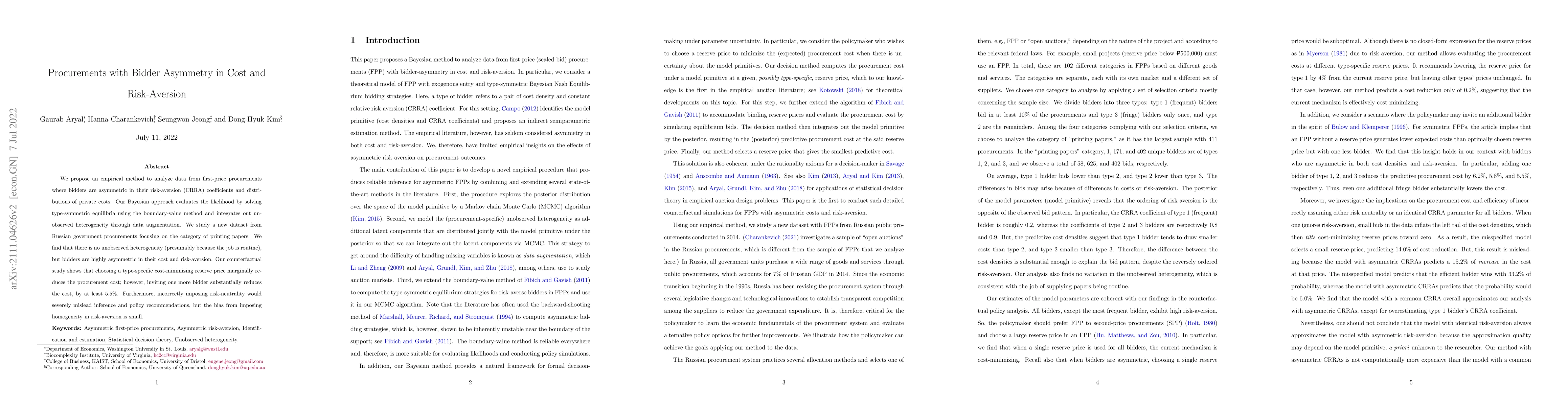 Thumbnail for Procurements with Bidder Asymmetry in Cost and Risk-Aversion