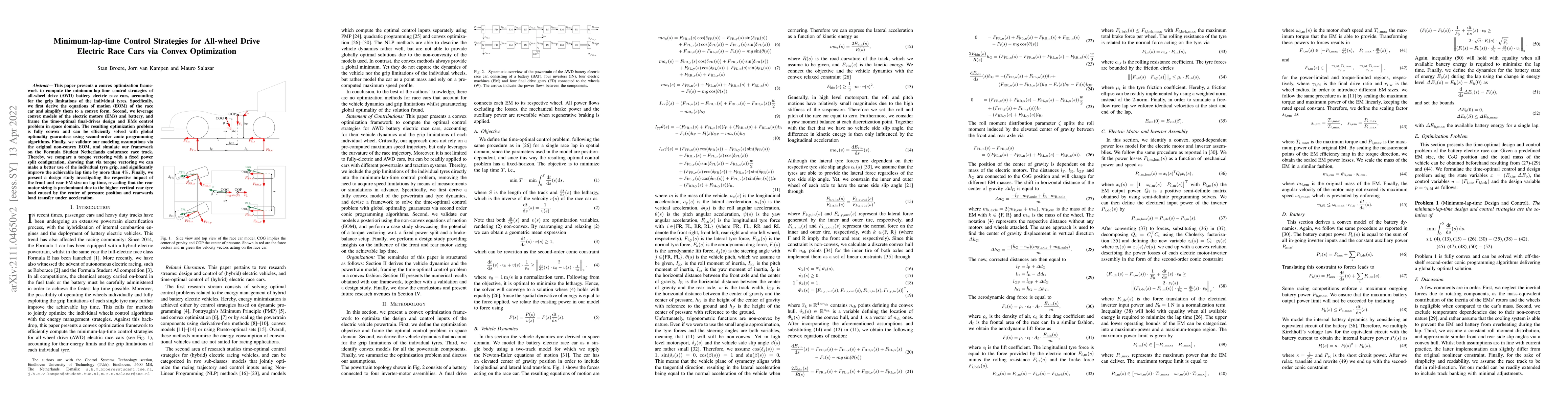Thumbnail for Minimum-lap-time Control Strategies for All-wheel Drive Electric Race
  Cars via Convex Optimization