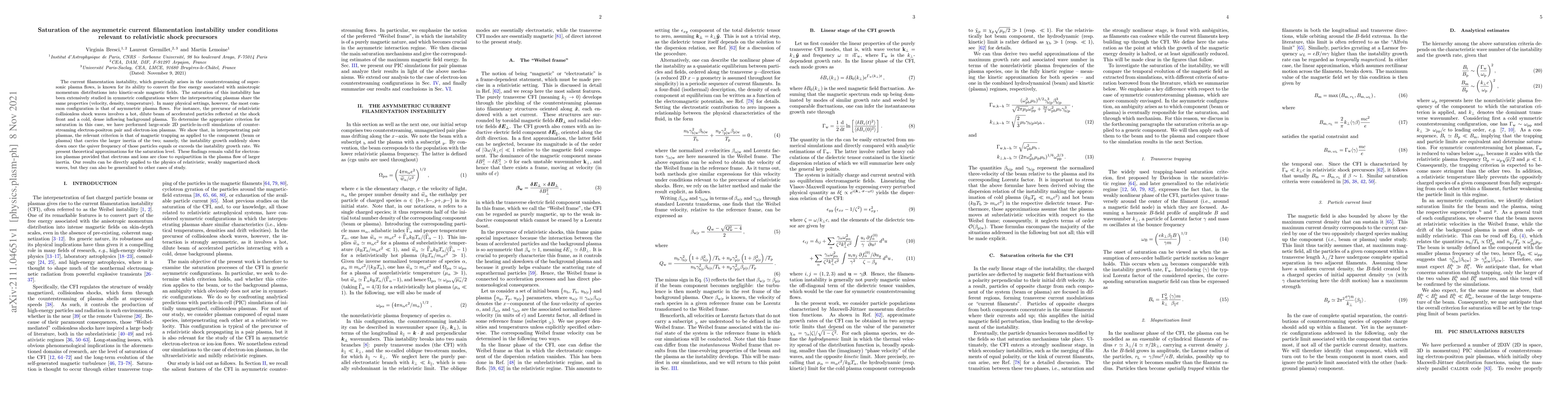 Thumbnail for Saturation of the asymmetric current filamentation instability under
  conditions relevant to relativistic shock precursors