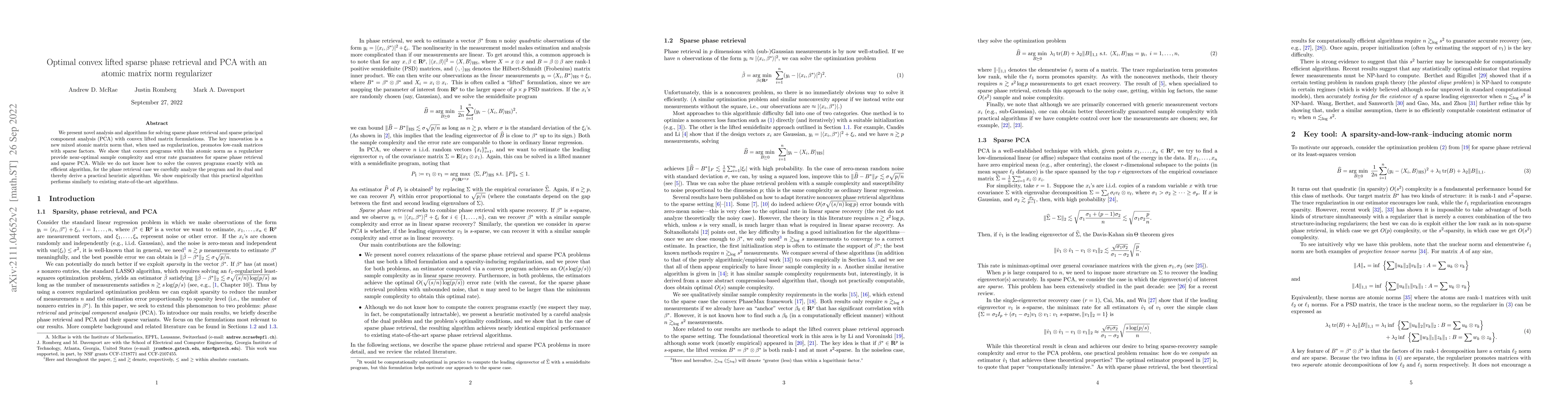 Thumbnail for Optimal convex lifted sparse phase retrieval and PCA with an atomic
  matrix norm regularizer