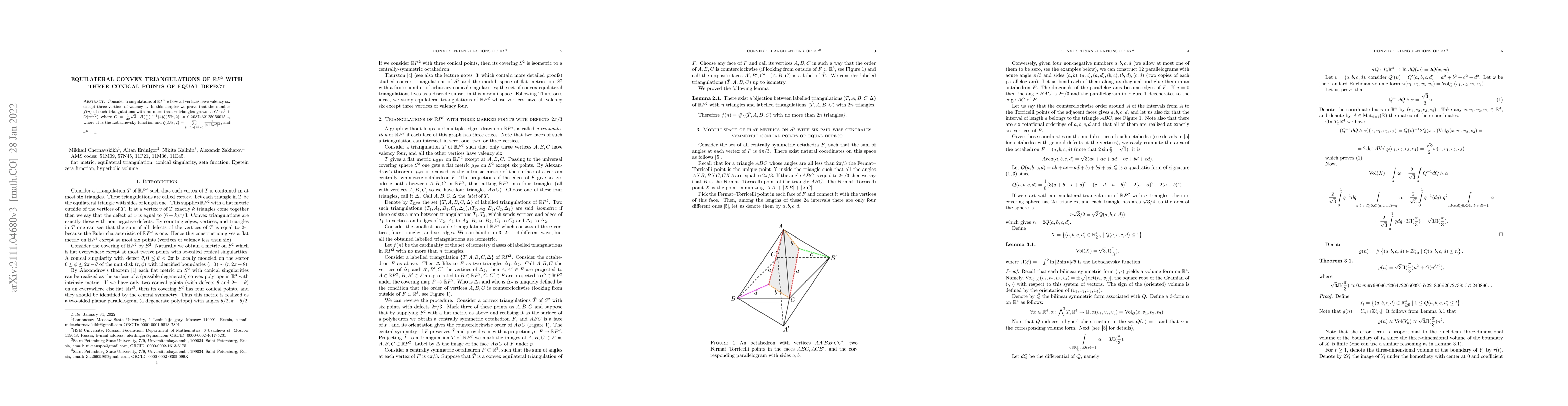 Thumbnail for Equilateral convex triangulations of $\mathbb R P^2$ with three conical
  points of equal defect