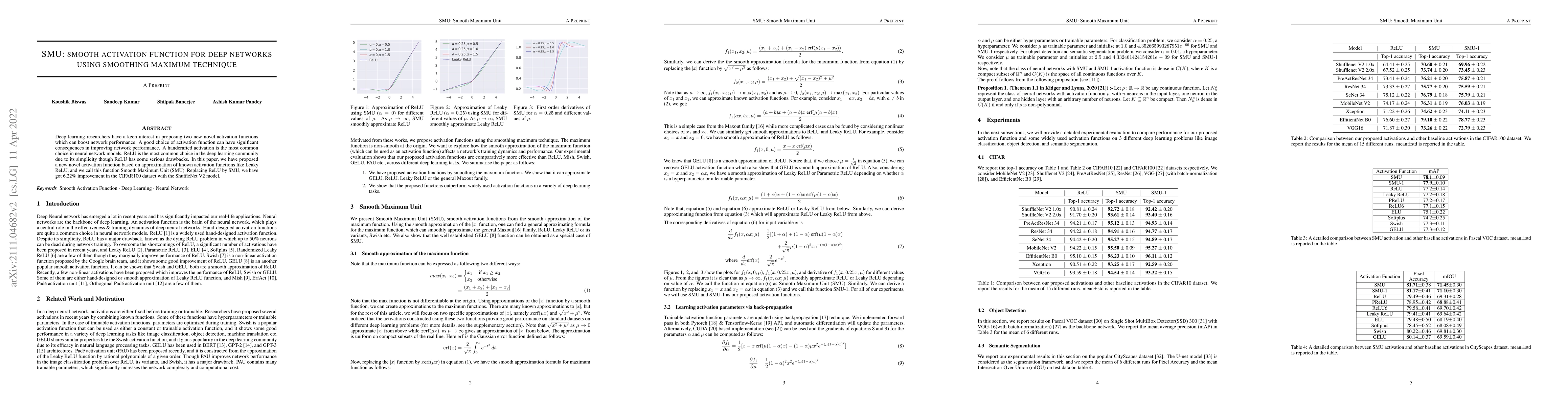 Thumbnail for SMU: smooth activation function for deep networks using smoothing
  maximum technique