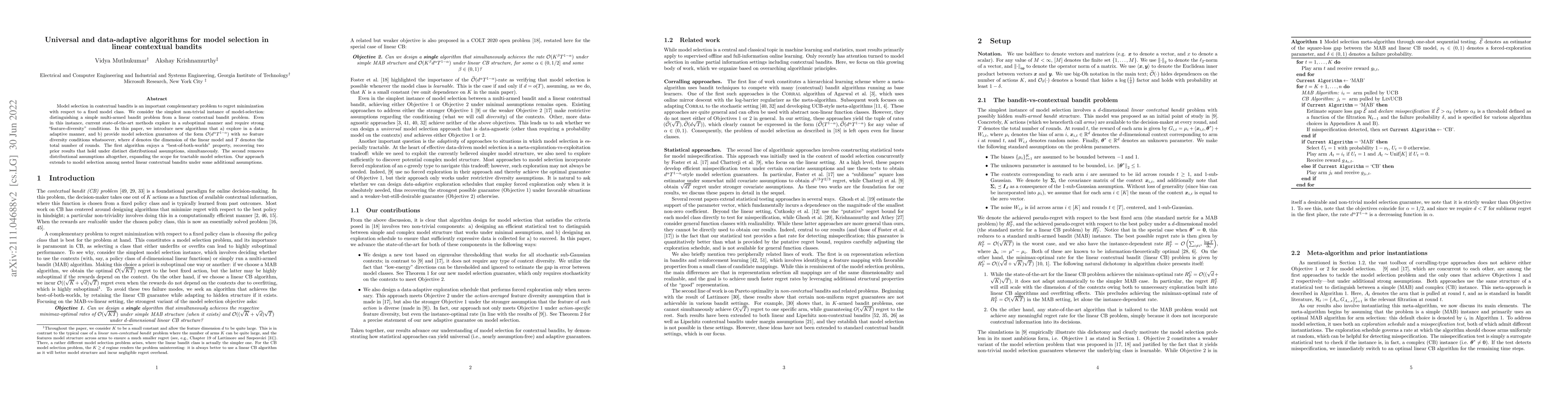 Thumbnail for Universal and data-adaptive algorithms for model selection in linear
  contextual bandits
