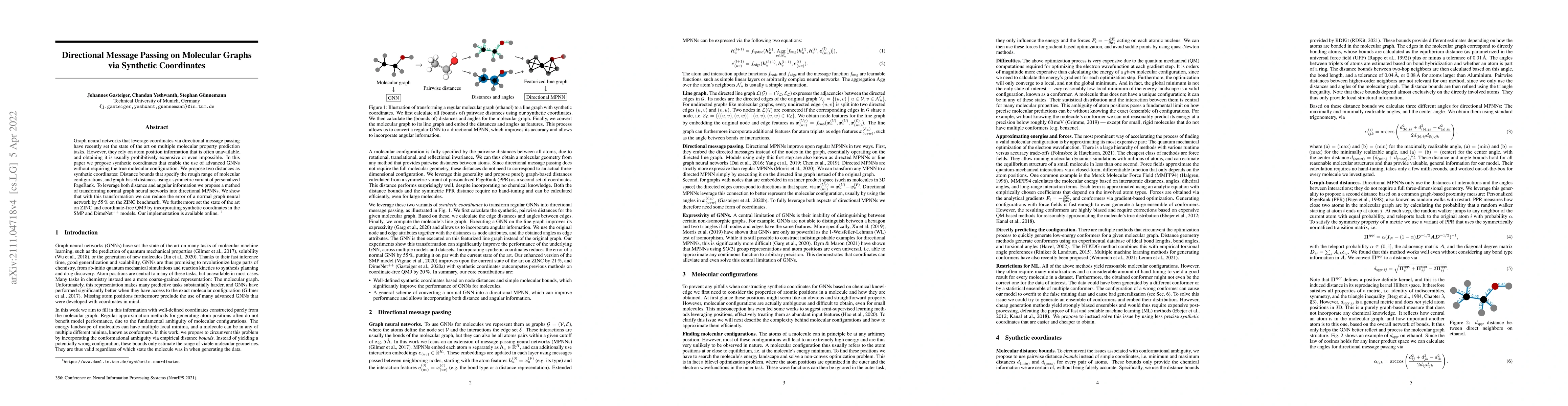 Thumbnail for Directional Message Passing on Molecular Graphs via Synthetic
  Coordinates