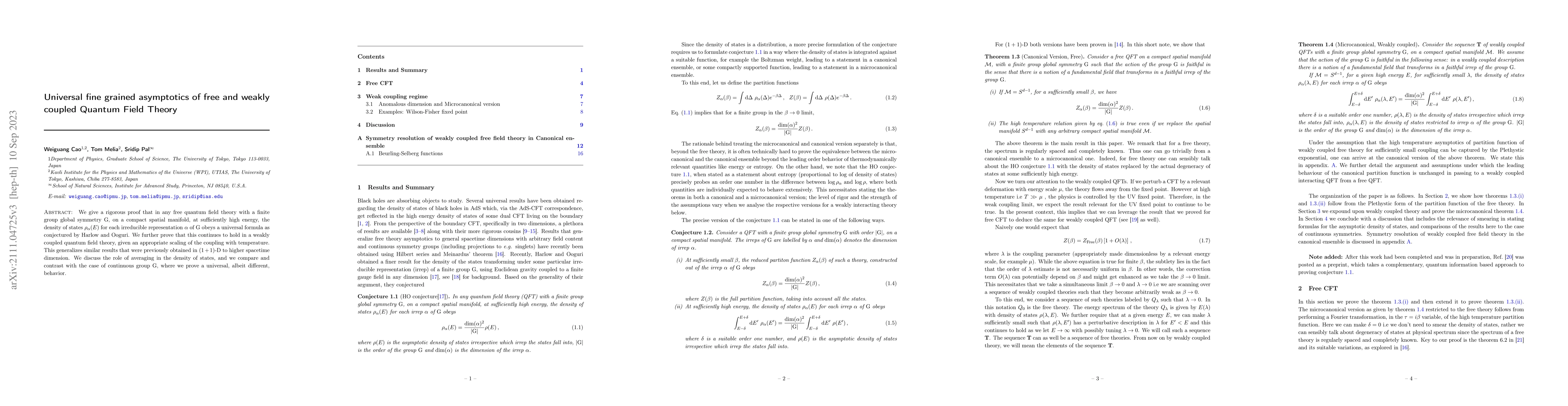 Thumbnail for Universal fine grained asymptotics of free and weakly coupled Quantum
  Field Theory