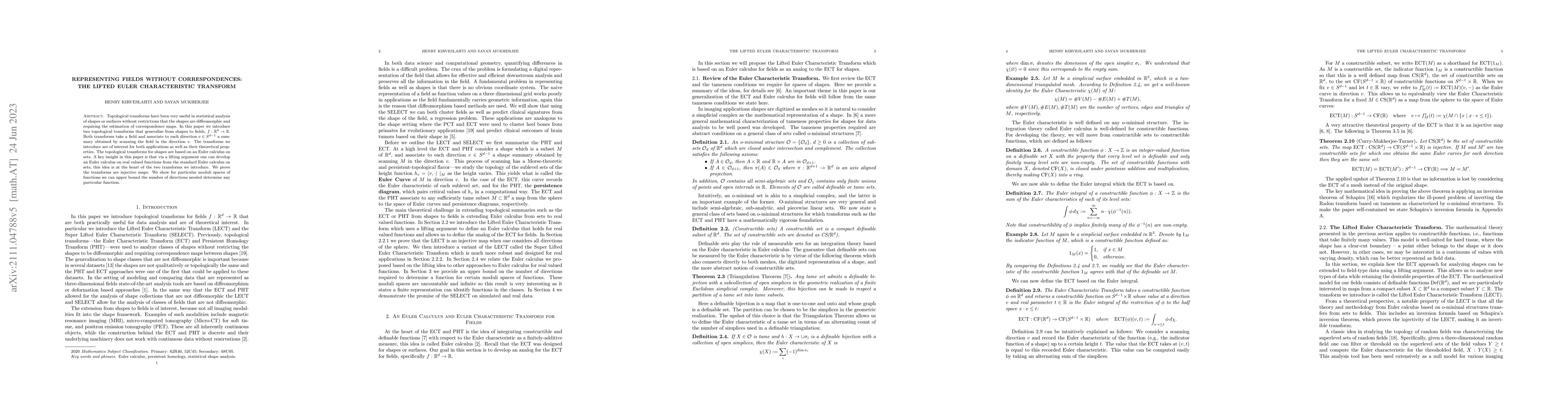 Thumbnail for Representing Fields without Correspondences: the Lifted Euler
  Characteristic Transform