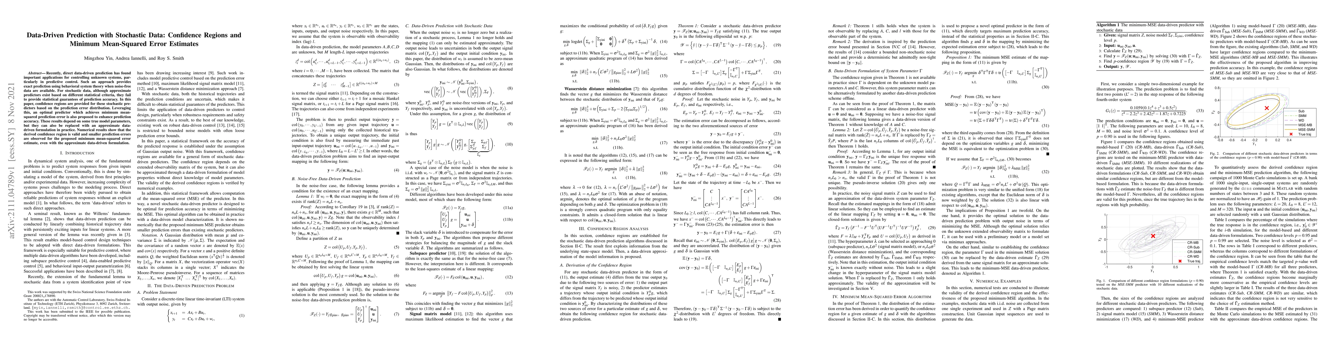 Thumbnail for Data-Driven Prediction with Stochastic Data: Confidence Regions and
  Minimum Mean-Squared Error Estimates