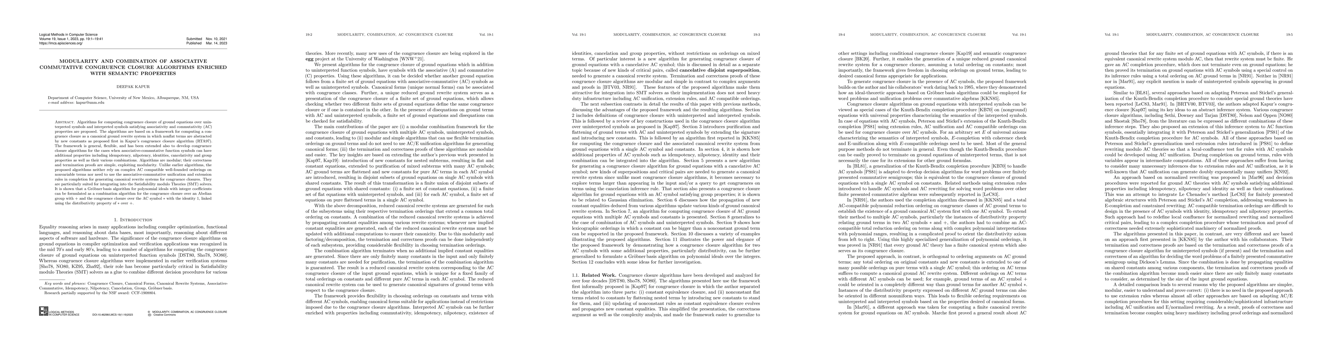 Thumbnail for Modularity and Combination of Associative Commutative Congruence Closure
  Algorithms enriched with Semantic Properties