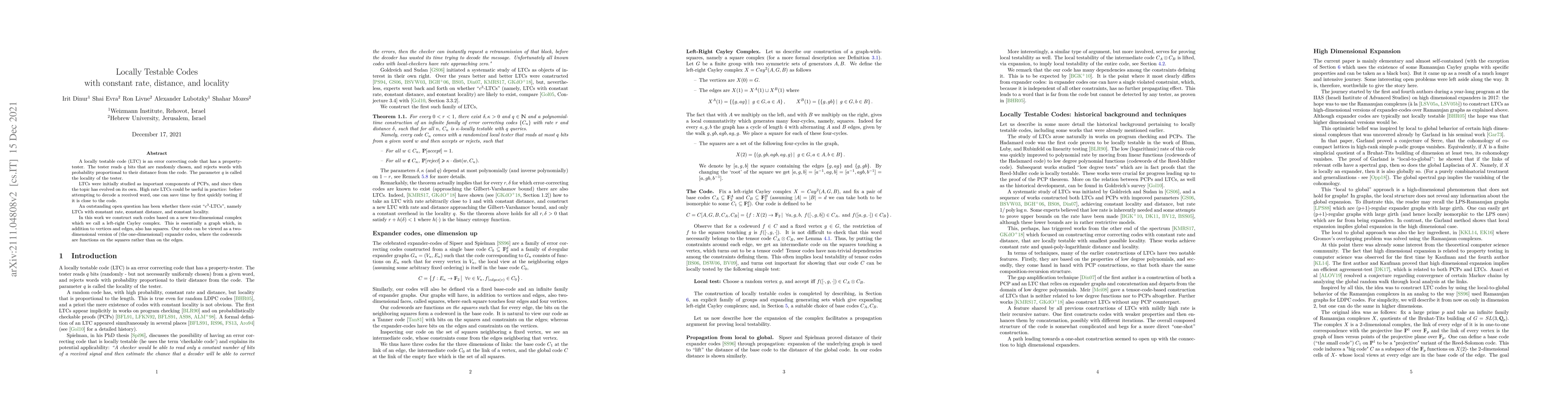 Thumbnail for Locally Testable Codes with constant rate, distance, and locality