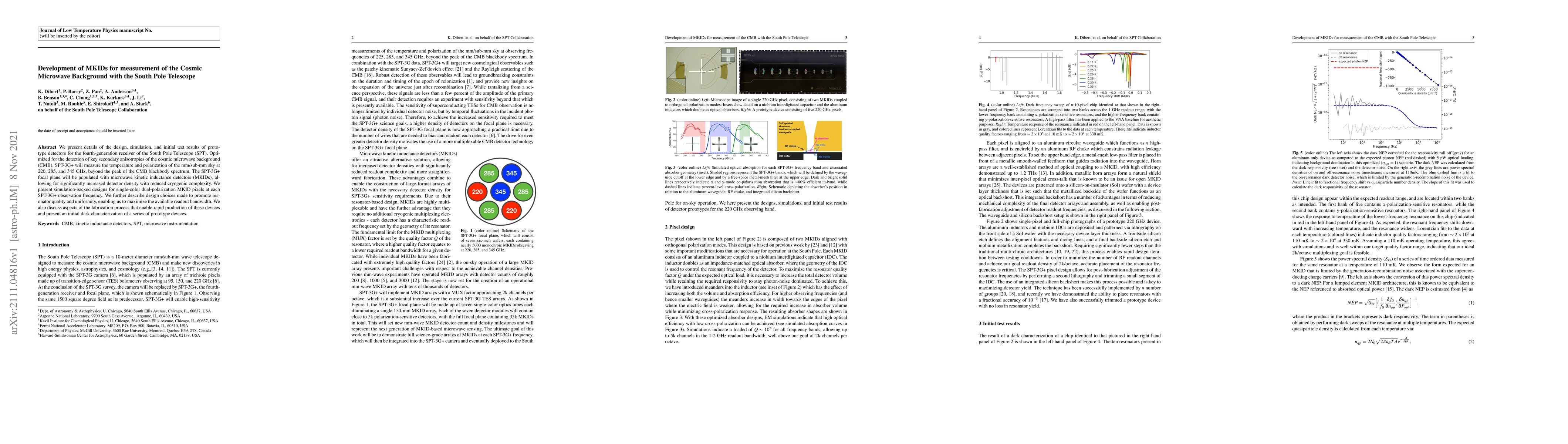 Thumbnail for Development of MKIDs for measurement of the Cosmic Microwave Background
  with the South Pole Telescope