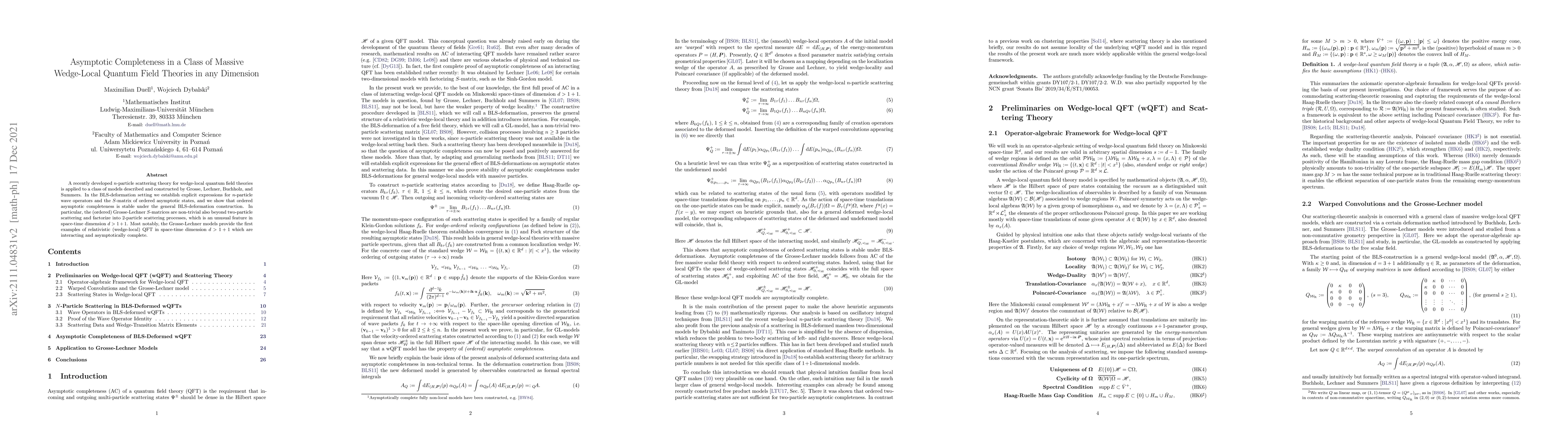 Thumbnail for Asymptotic Completeness in a Class of Massive Wedge-Local Quantum Field
  Theories in any Dimension