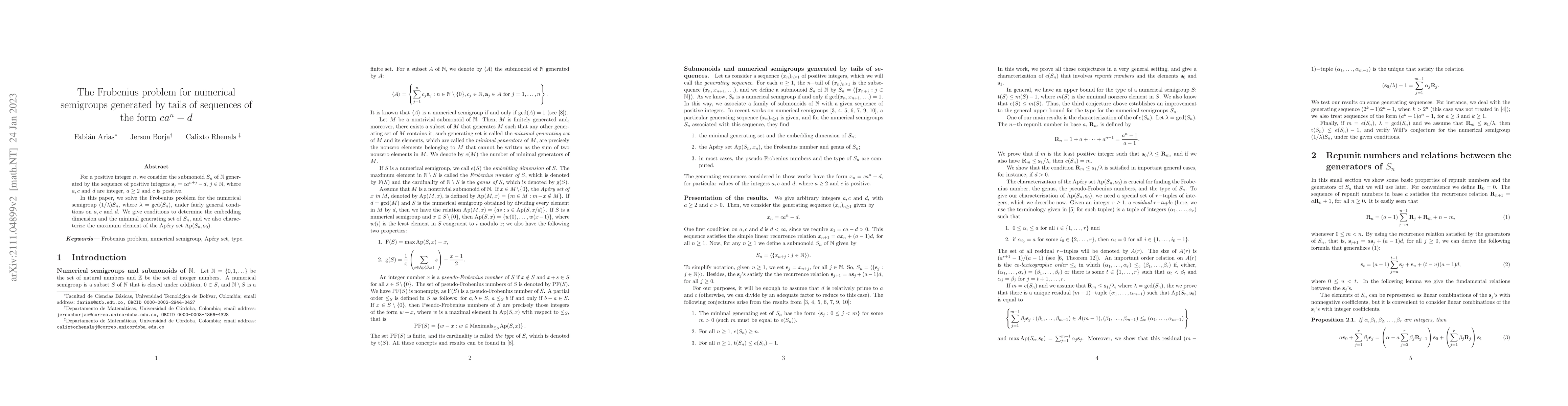Thumbnail for The Frobenius problem for numerical semigroups generated by sequences
  that satisfy a linear recurrence relation
