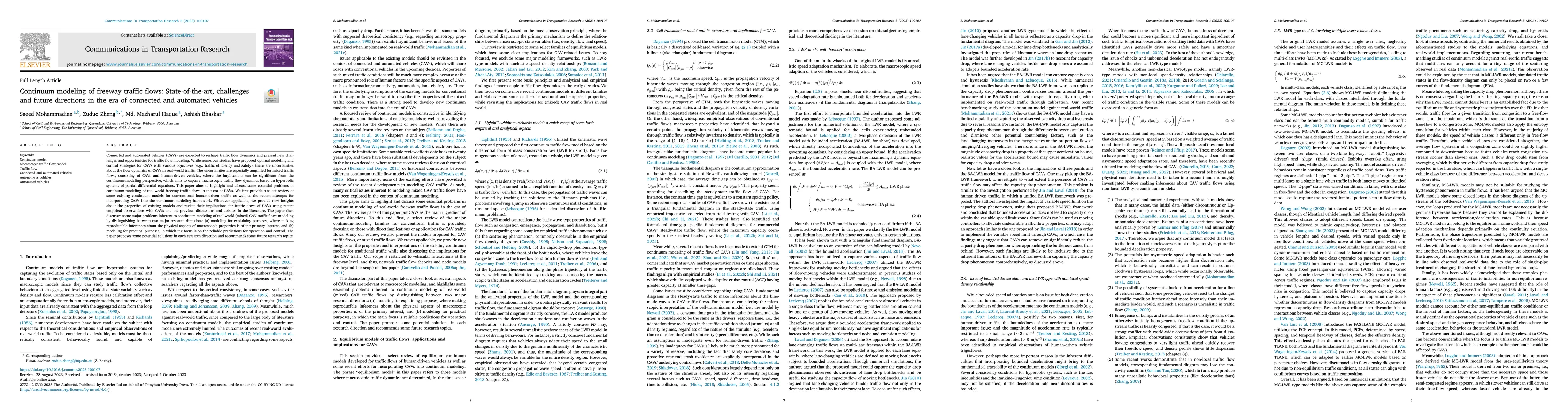 Thumbnail for Continuum modeling of freeway traffic flows: State-of-the-art,
  challenges and future directions in the era of connected and automated
  vehicles