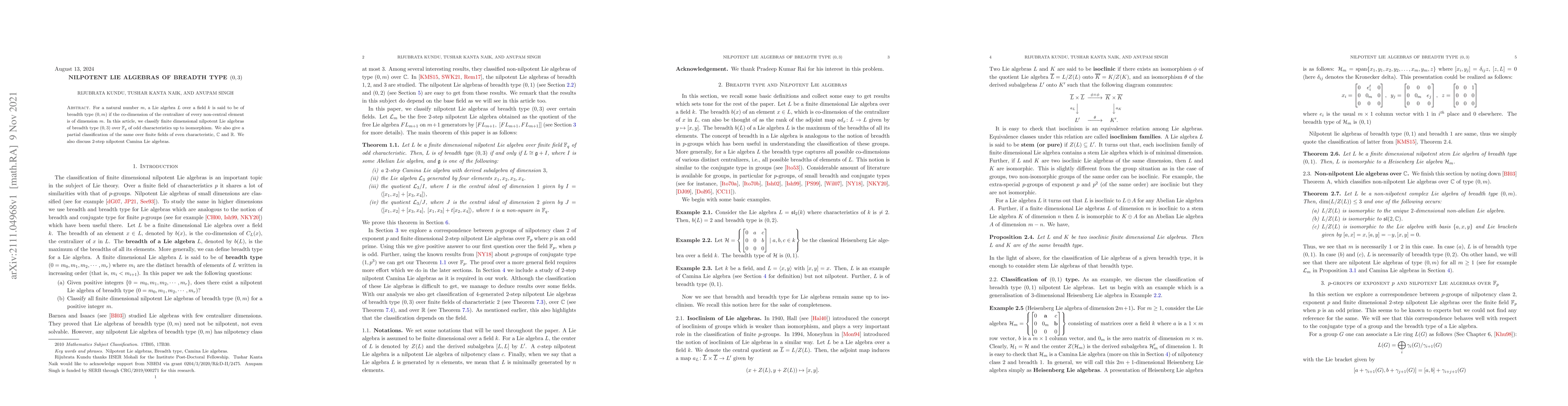 Thumbnail for Nilpotent Lie Algebras of breadth type $(0,3)$