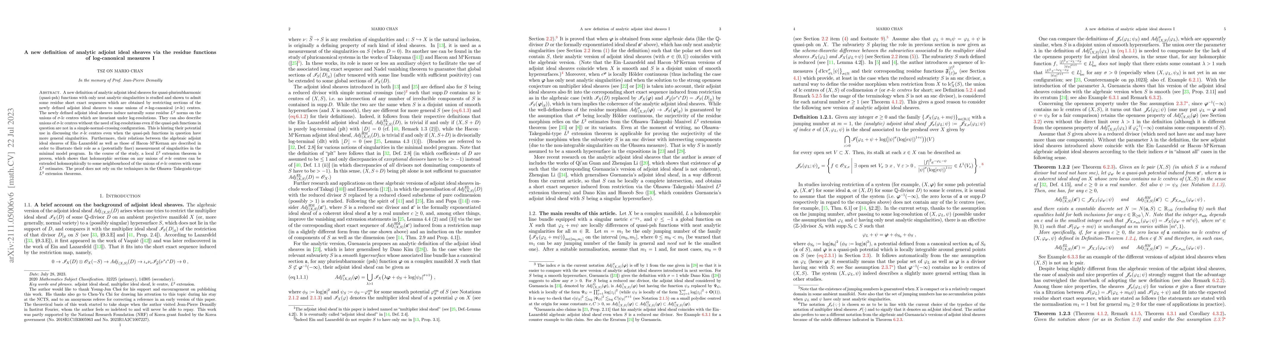 Thumbnail for A new definition of analytic adjoint ideal sheaves via the residue
  functions of log-canonical measures I