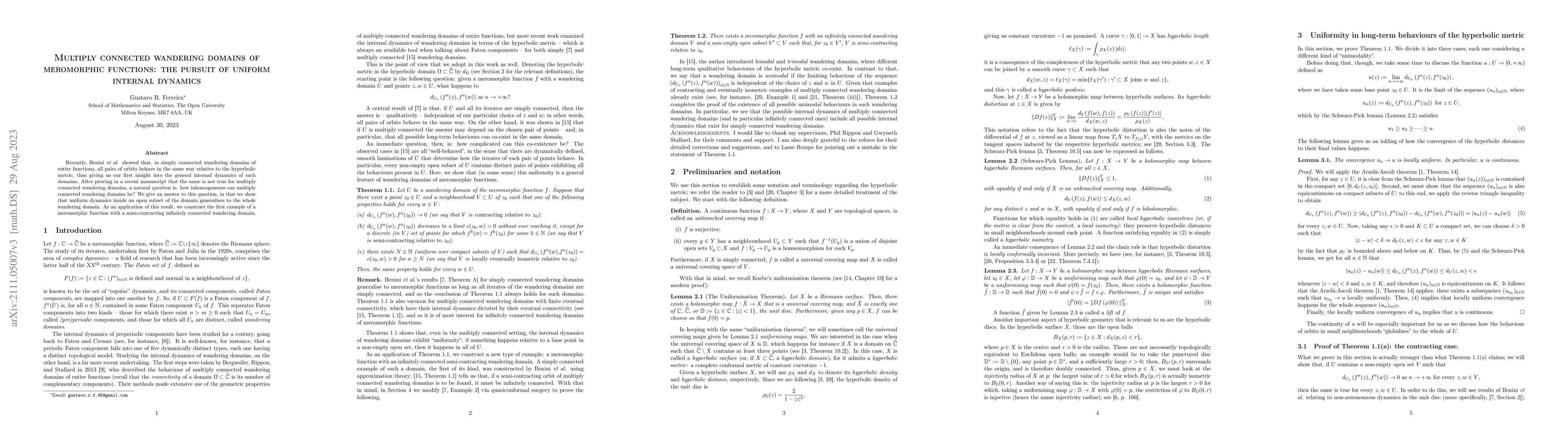 Thumbnail for Multiply connected wandering domains of meromorphic functions: the
  pursuit of uniform internal dynamics