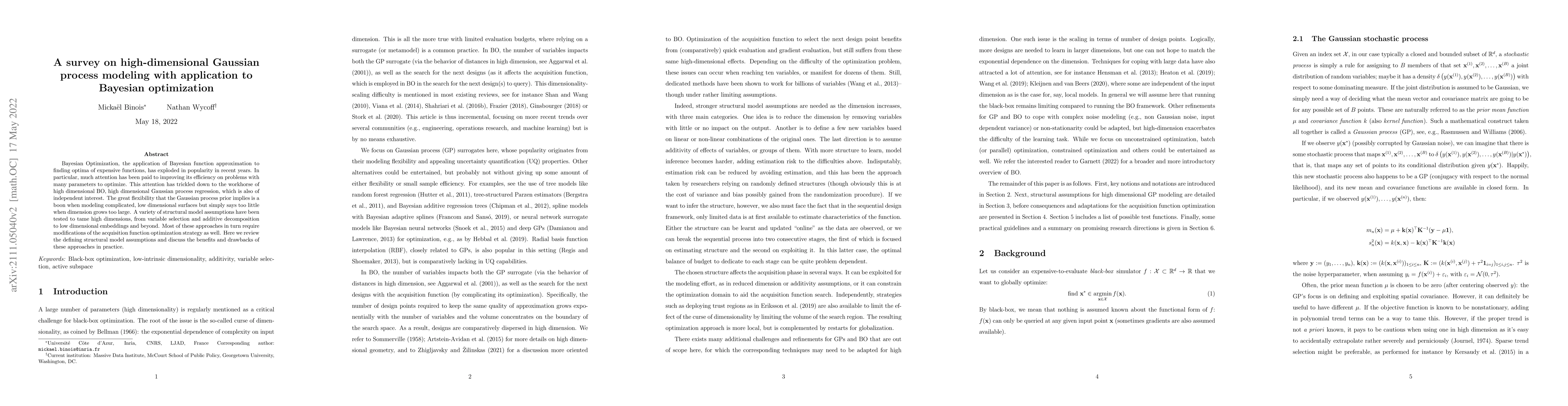 Thumbnail for A survey on high-dimensional Gaussian process modeling with application
  to Bayesian optimization