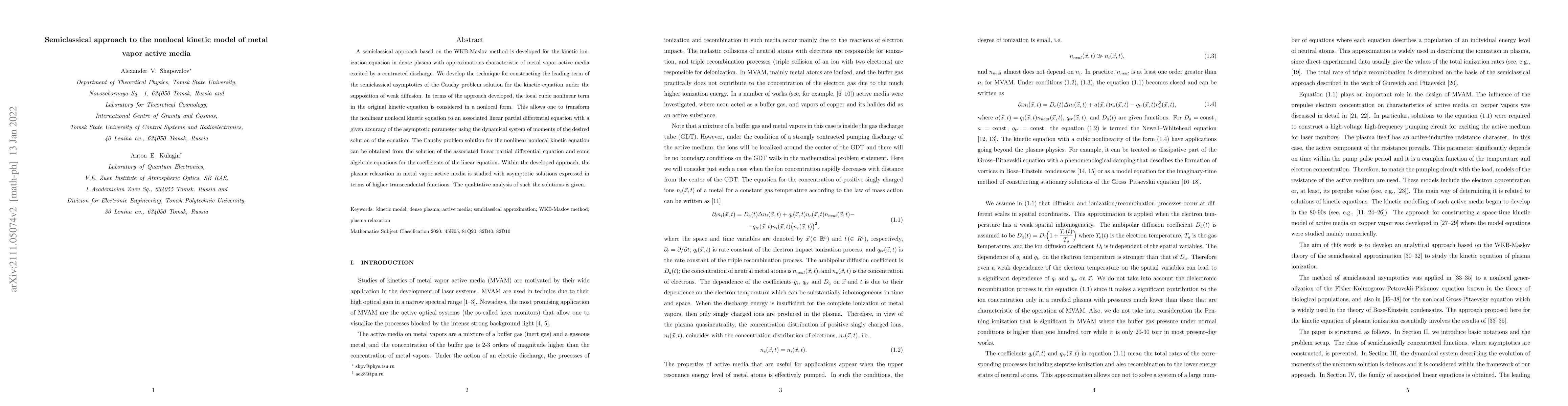 Thumbnail for Semiclassical approach to the nonlocal kinetic model of metal vapor
  active media