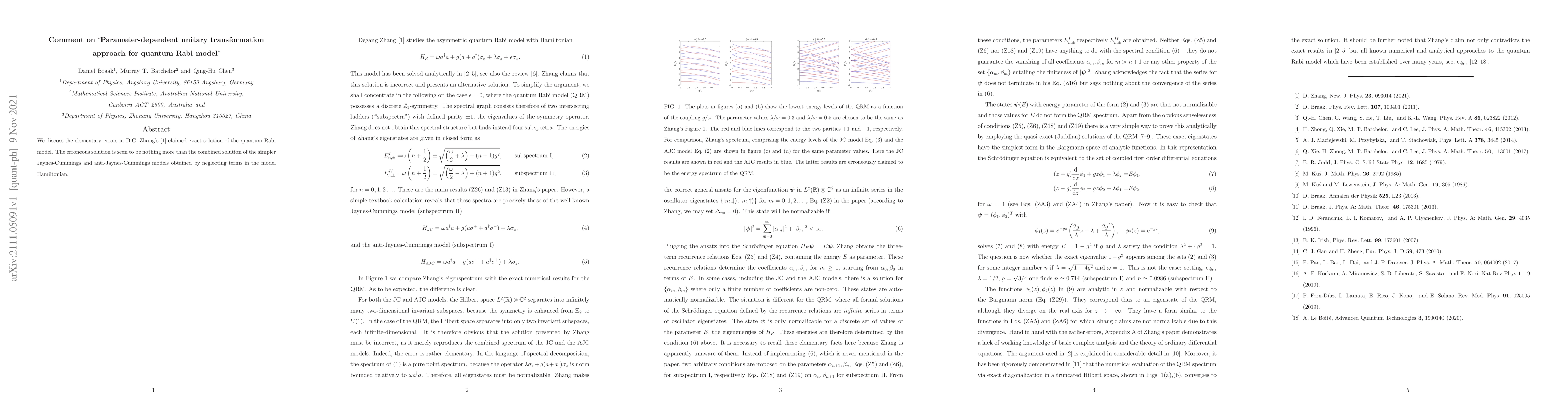 Thumbnail for Comment on `Parameter-dependent unitary transformation approach for
  quantum Rabi model'