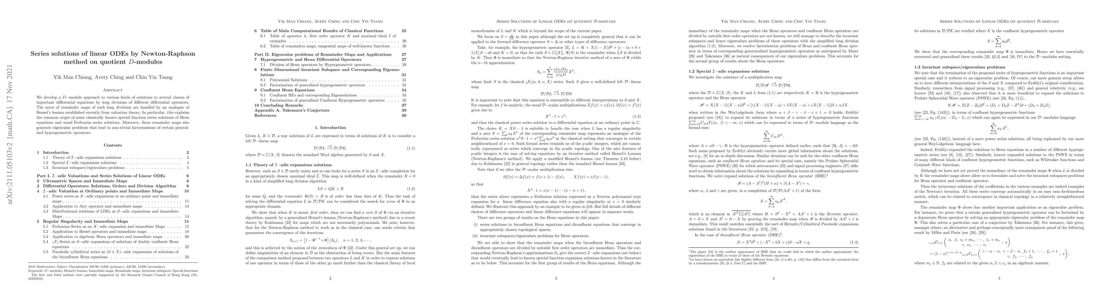Thumbnail for Series solutions of linear ODEs by Newton-Raphson method on quotient
  $D$-modules