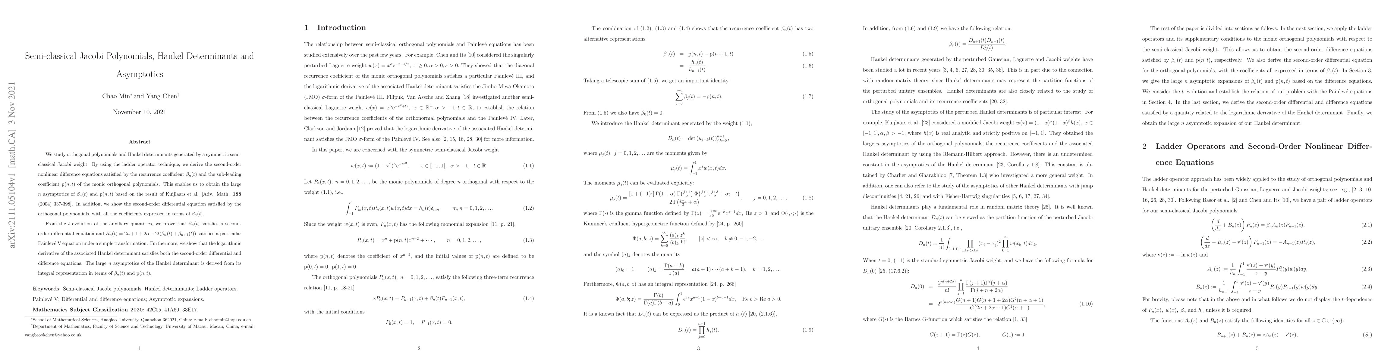 Thumbnail for Semi-classical Jacobi Polynomials, Hankel Determinants and Asymptotics