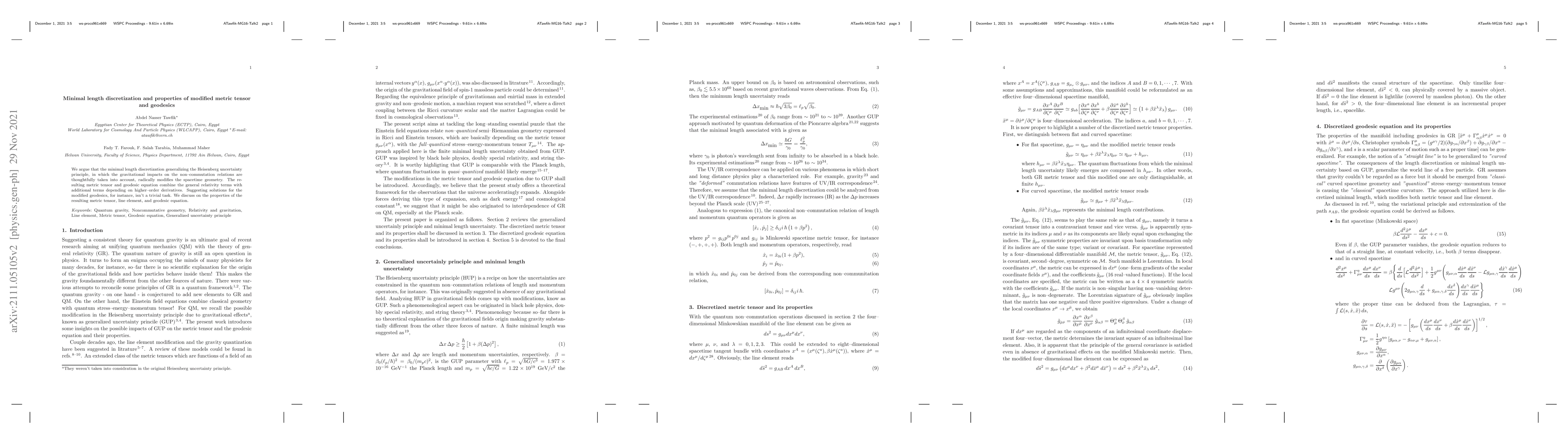 Thumbnail for Minimal length discretization and properties of modified metric tensor
  and geodesics