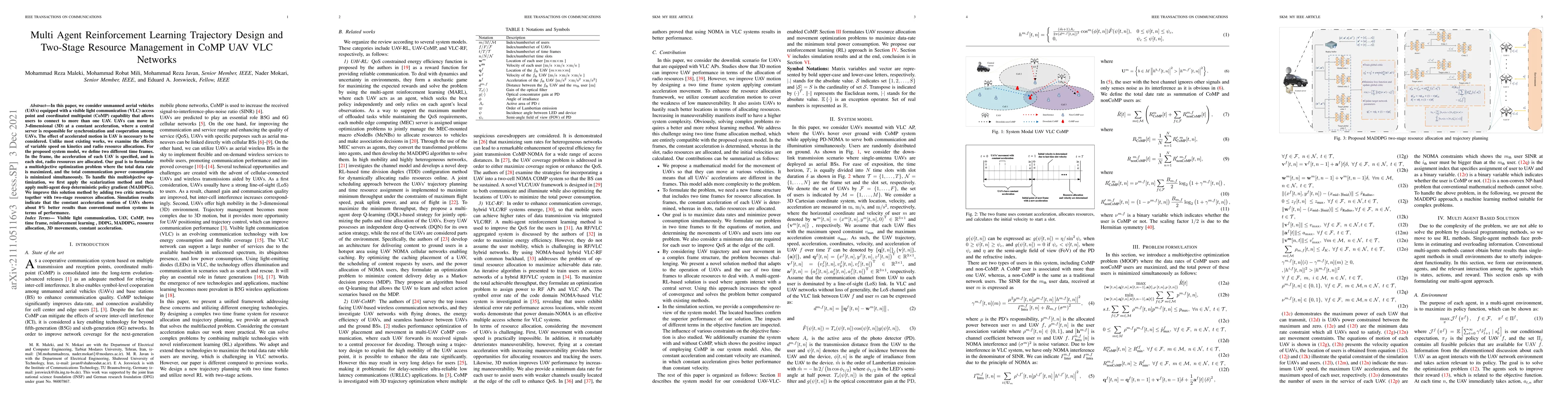 Thumbnail for Multi Agent Reinforcement Learning Trajectory Design and Two-Stage
  Resource Management in CoMP UAV VLC Networks