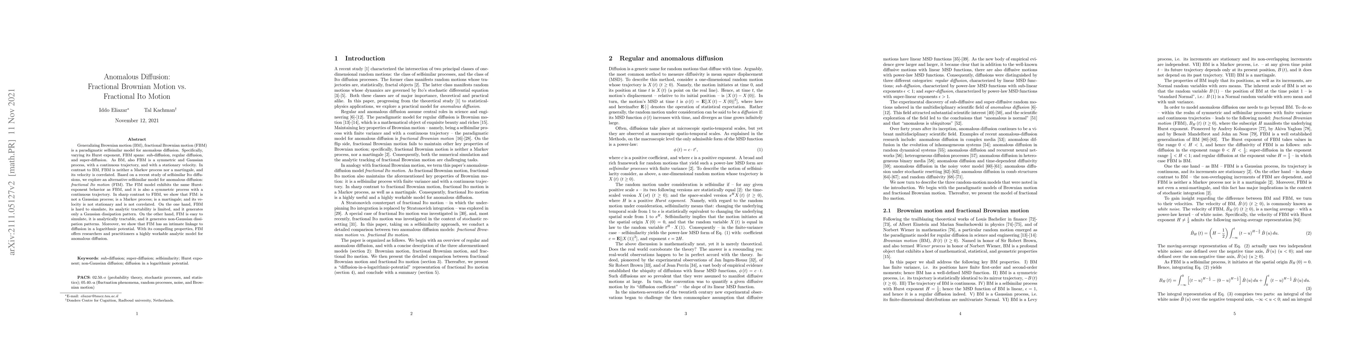 Thumbnail for Anomalous Diffusion: Fractional Brownian Motion vs. Fractional Ito
  Motion
