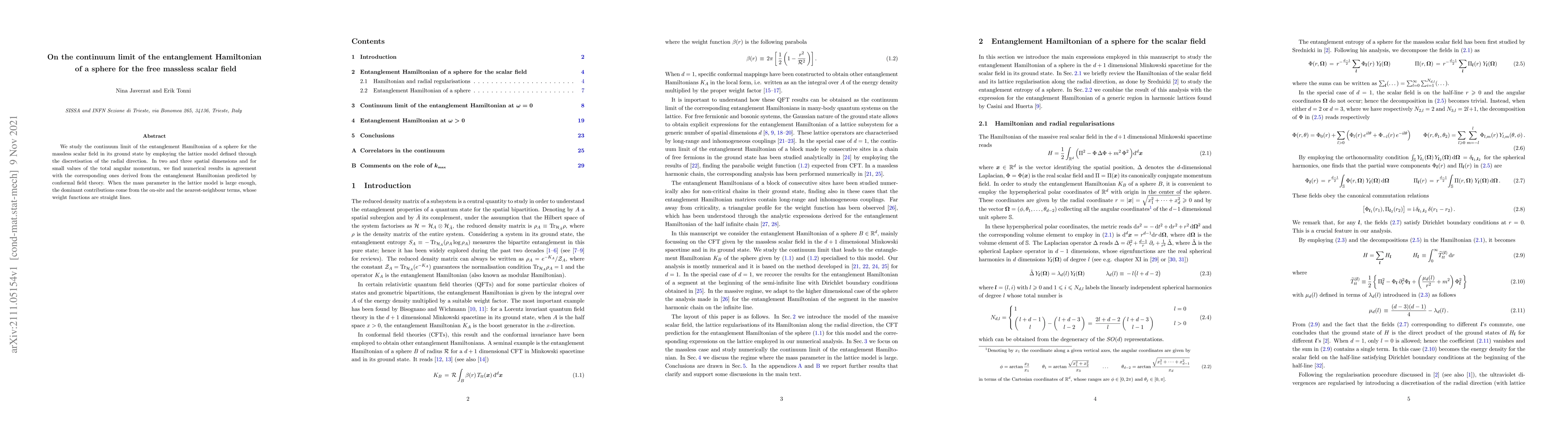 Thumbnail for On the continuum limit of the entanglement Hamiltonian of a sphere for
  the free massless scalar field