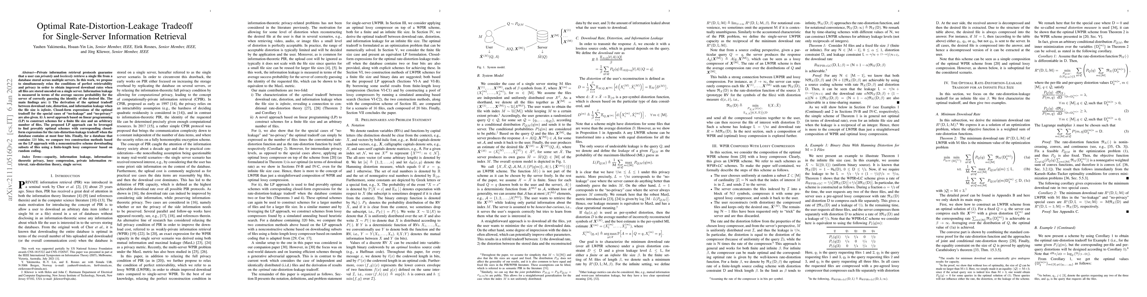 Thumbnail for Optimal Rate-Distortion-Leakage Tradeoff for Single-Server Information
  Retrieval