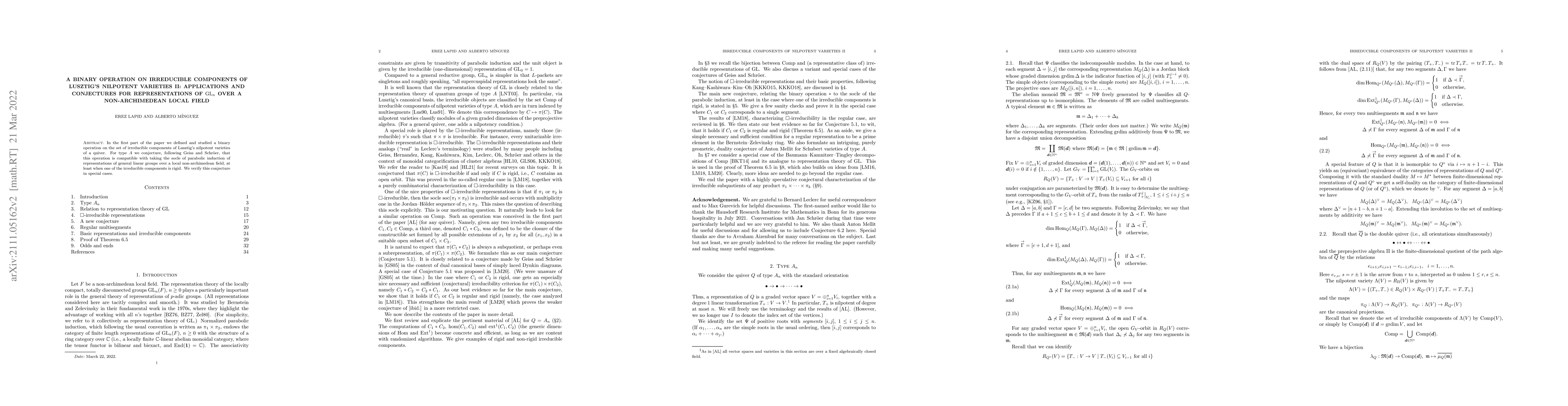 Thumbnail for A binary operation on irreducible components of Lusztig's nilpotent
  varieties {II}: applications and conjectures for representations of $GL_n$
  over a non-archimedean local field