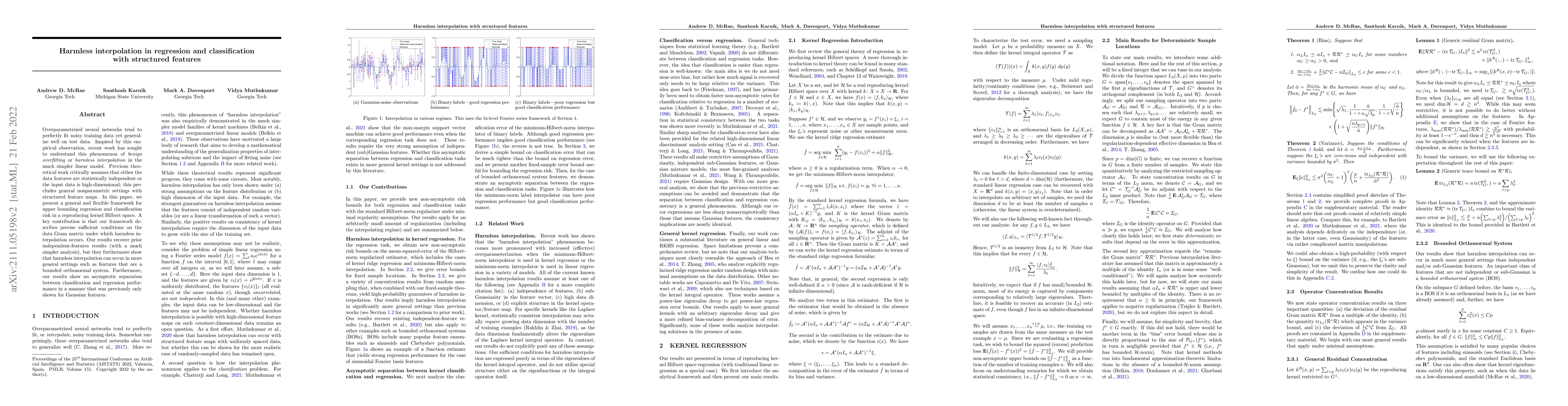 Thumbnail for Harmless interpolation in regression and classification with structured
  features
