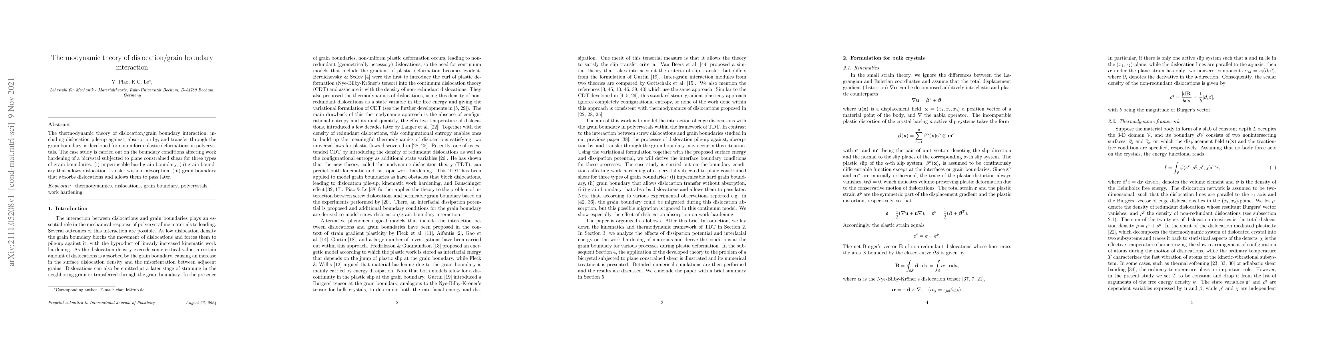 Thumbnail for Thermodynamic theory of dislocation/grain boundary interaction