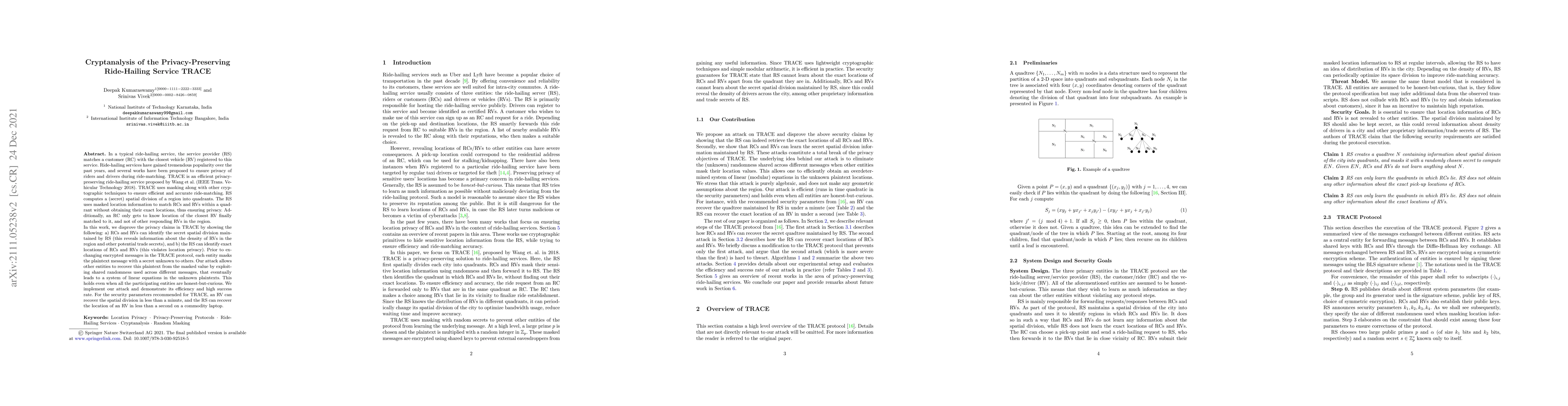 Thumbnail for Cryptanalysis of the Privacy-Preserving Ride-Hailing Service TRACE